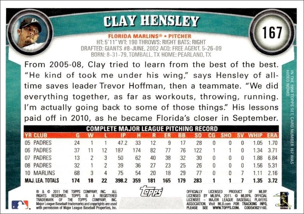 2011 Topps Clay Hensley #167 baseball trading card back