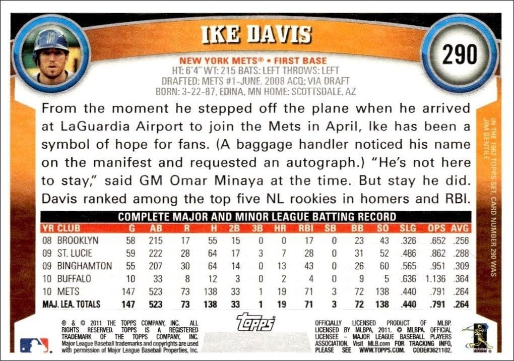 2011 Topps Ike Davis #290 baseball trading card back