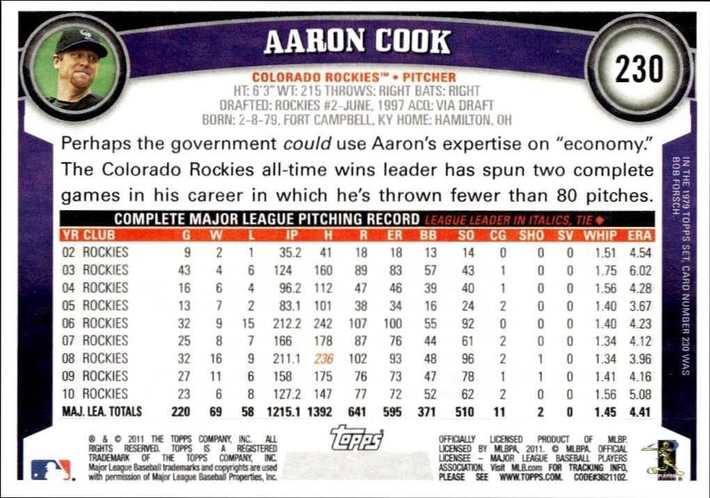 2011 Topps Aaron Cook #230 baseball trading card back