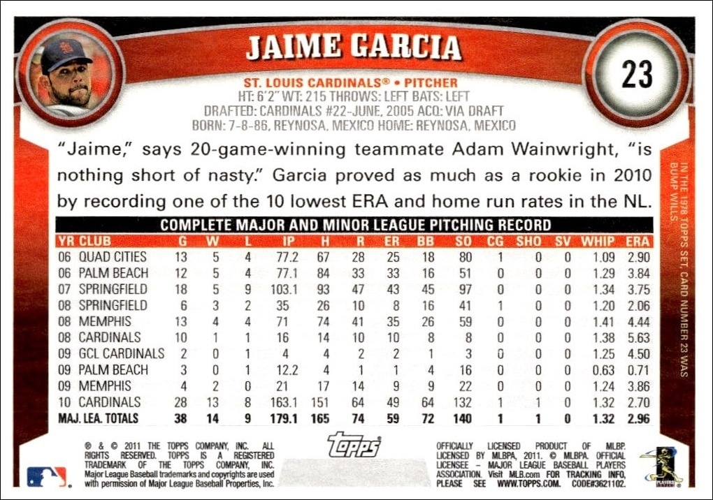 2011 Topps Jaime Garcia #23 baseball trading card back