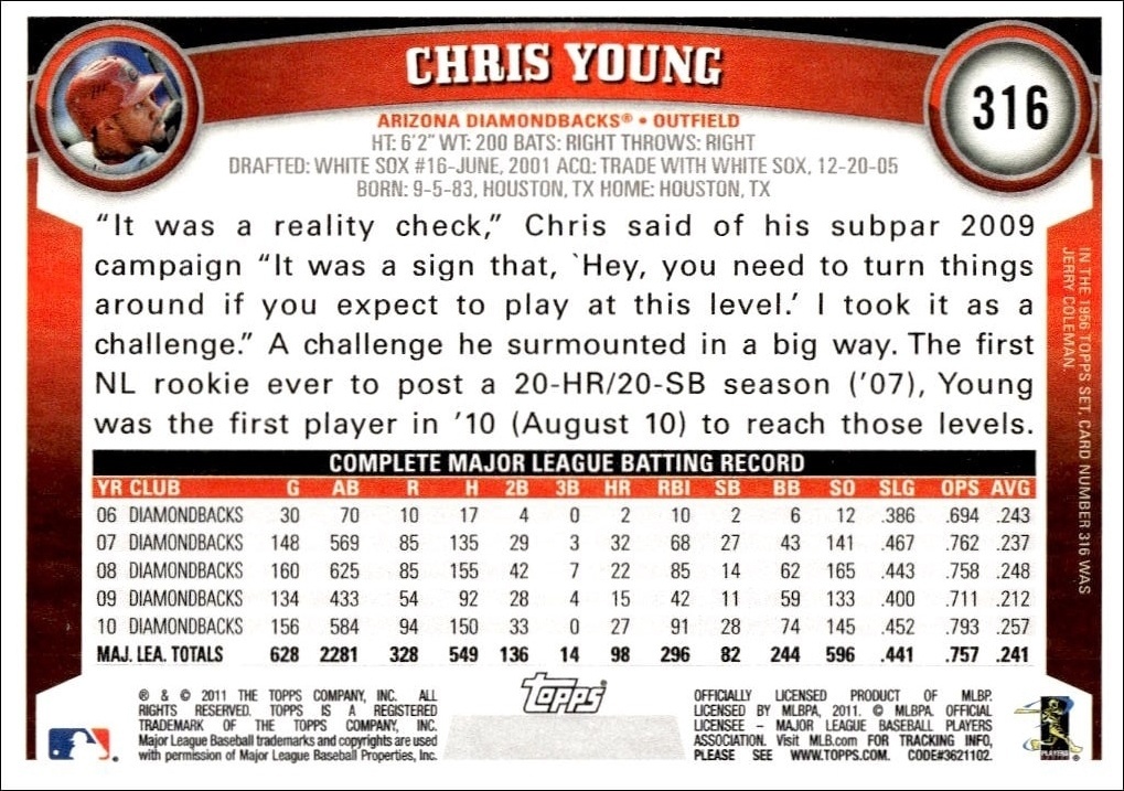 2011 Topps Chris Young #316 baseball trading card back