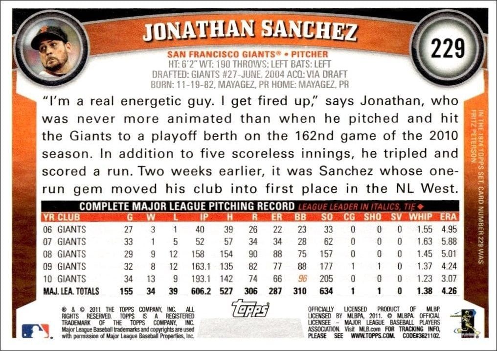 2011 Topps Jonathan Sanchez #229 baseball trading card back