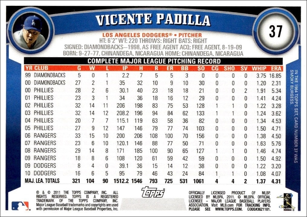 2011 Topps Vicente Padilla #37 baseball trading card back