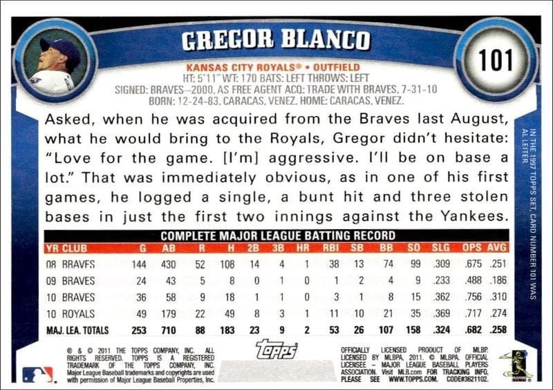 2011 Topps Gregor Blanco #101 baseball trading card back