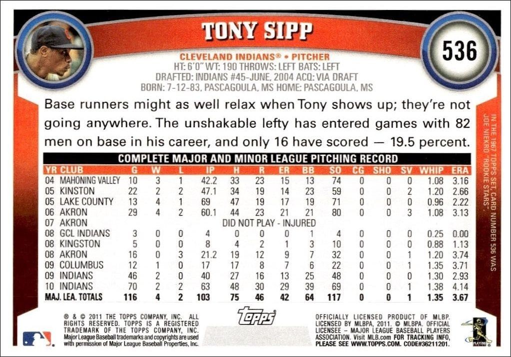 2011 Topps Series 2 Tony Sipp #536 baseball trading card back