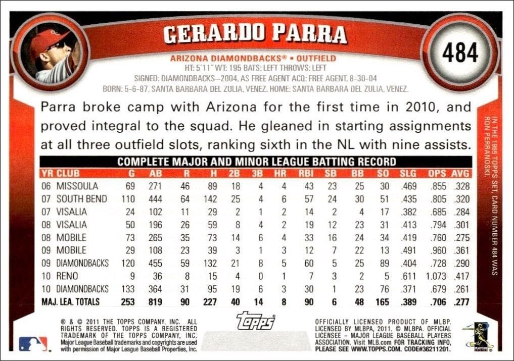 2011 Topps Series 2 Gerardo Parra #484 baseball trading card back