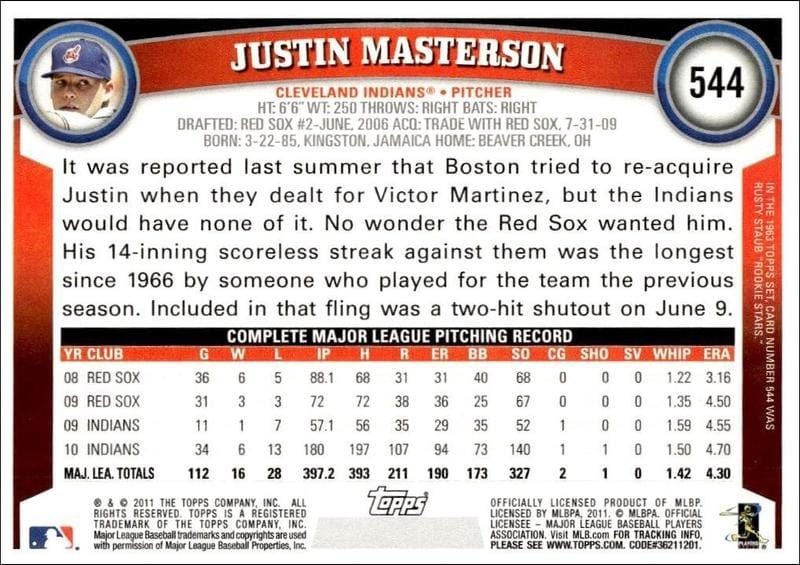 2011 Topps Series 2 Justin Masterson #544 baseball trading card back