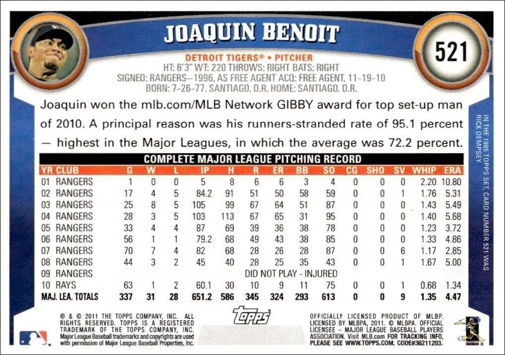 2011 Topps Series 2 Joaquin Benoit #521 baseball trading card back