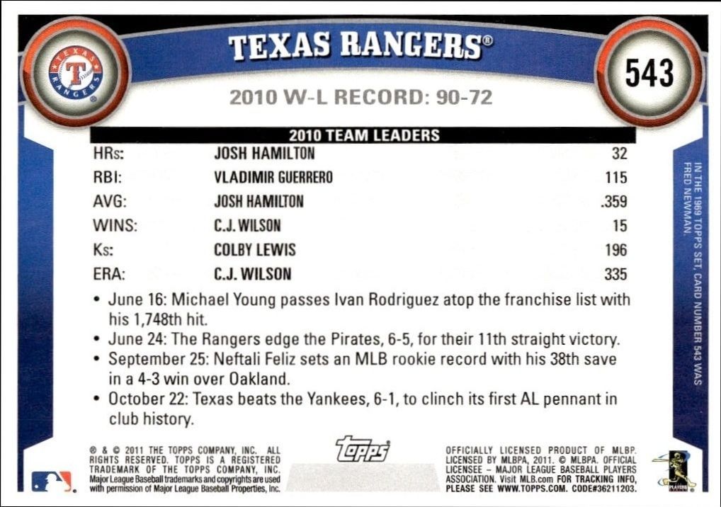 2011 Topps Series 2 Texas Rangers #543 baseball trading card back