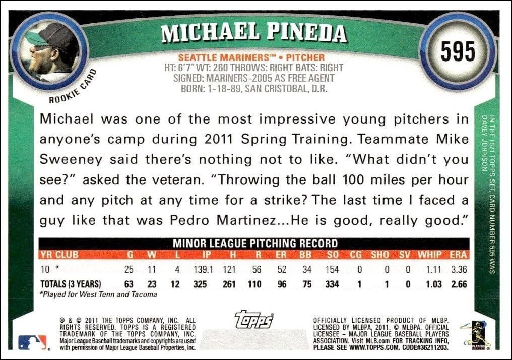 2011 Topps Series 2 Michael Pineda #595 baseball trading card back