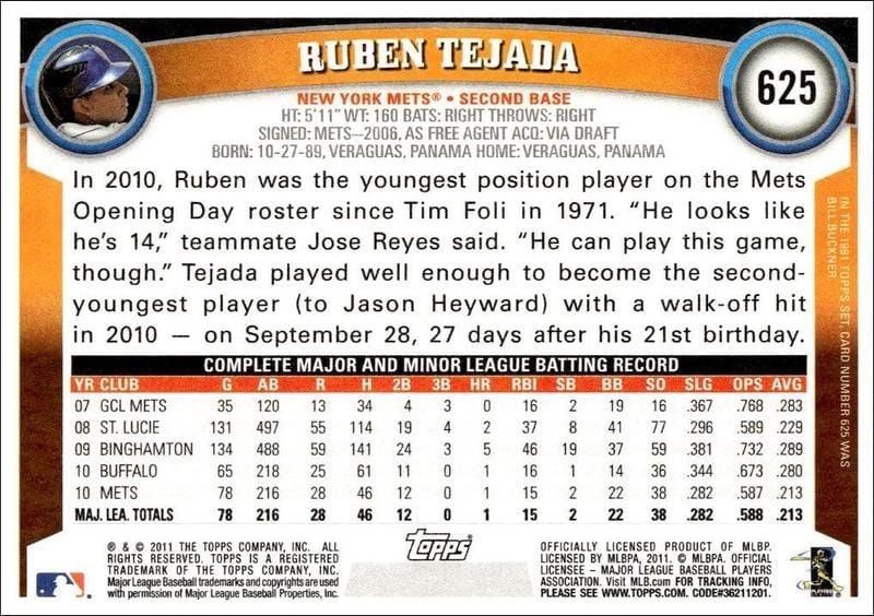 2011 Topps Series 2 Ruben Tejada #625 baseball trading card back