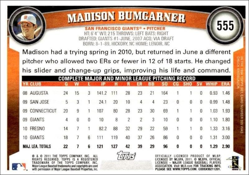2011 Topps Series 2 Madison Bumgarner #555 baseball trading card back