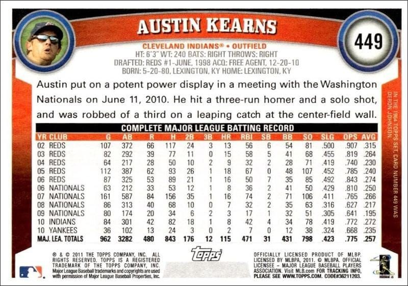 2011 Topps Series 2 Austin Kearns #449 baseball trading card back