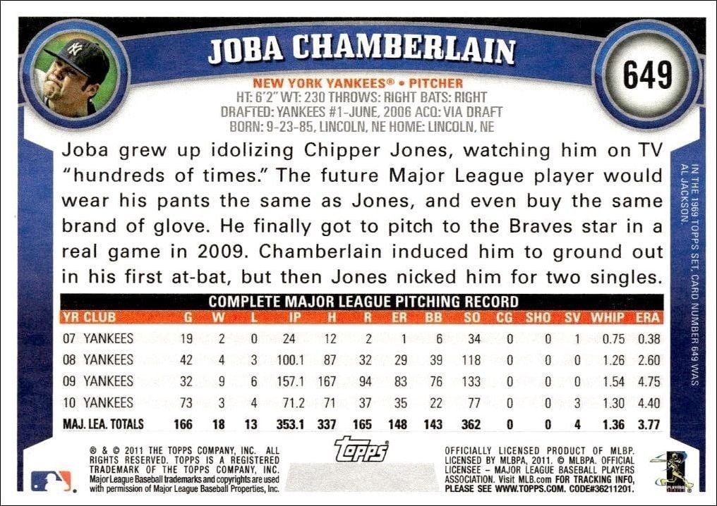 2011 Topps Series 2 Joba Chamberlain #649 baseball trading card back
