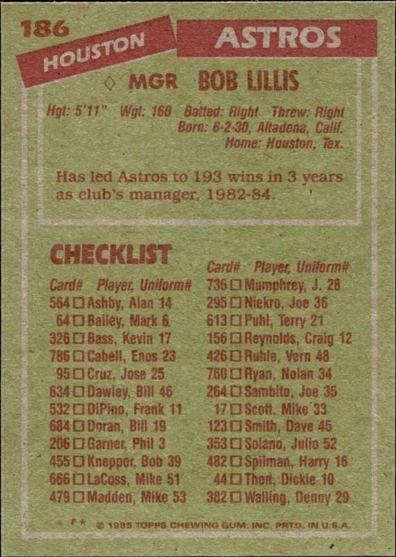 1985 Topps Bob Lillis #186 baseball trading card back