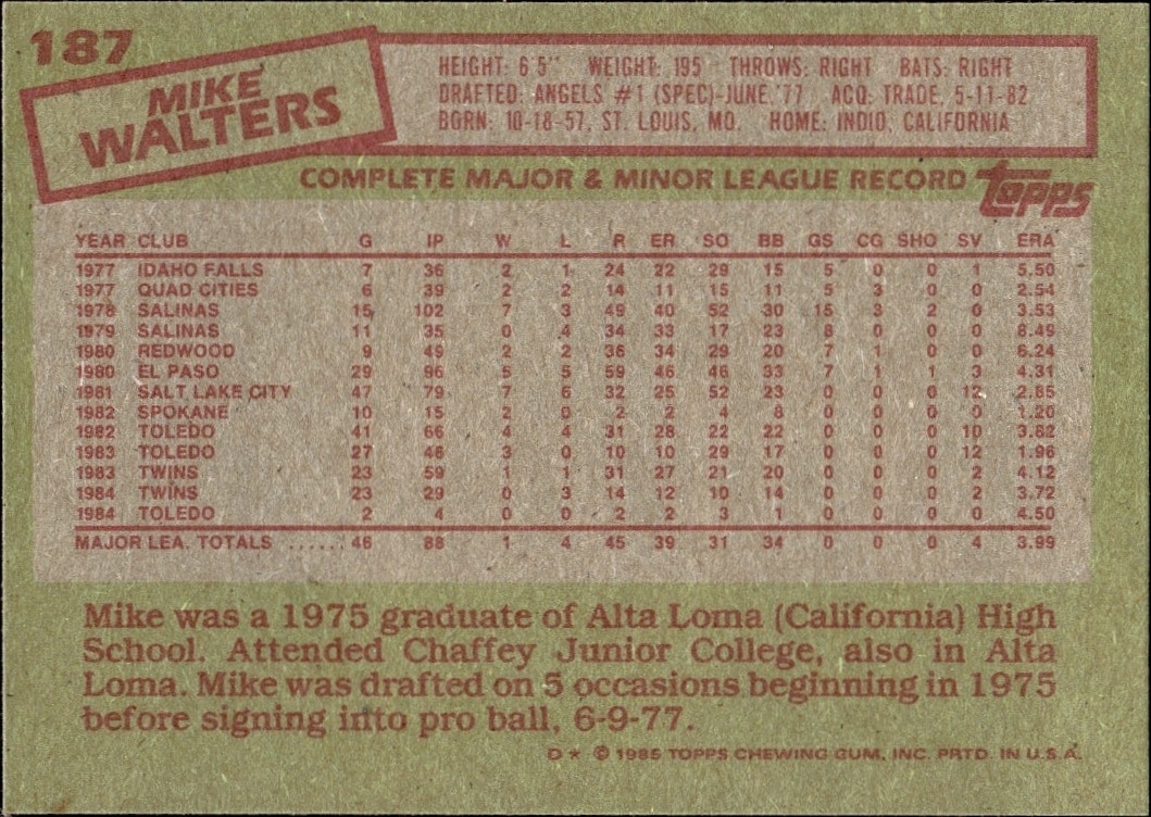 1985 Topps Mike Walters #187 baseball trading card back