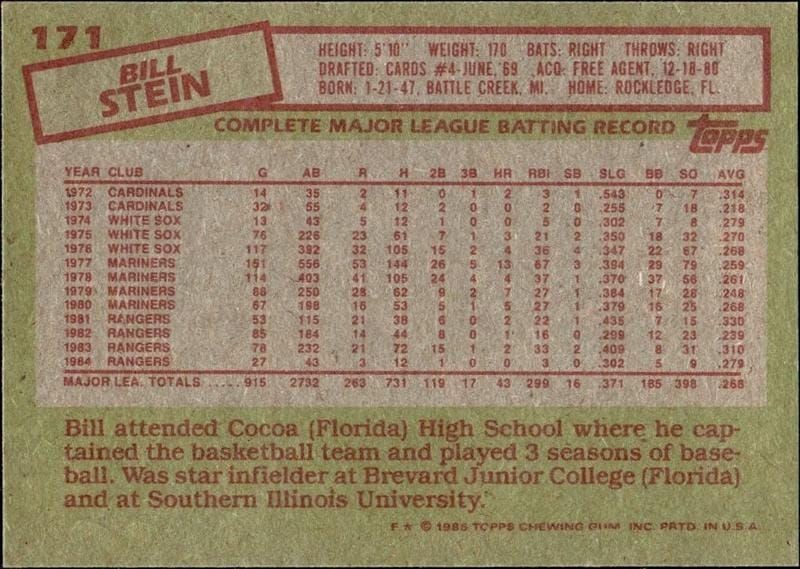 1985 Topps Bill Stein #171 baseball trading card back