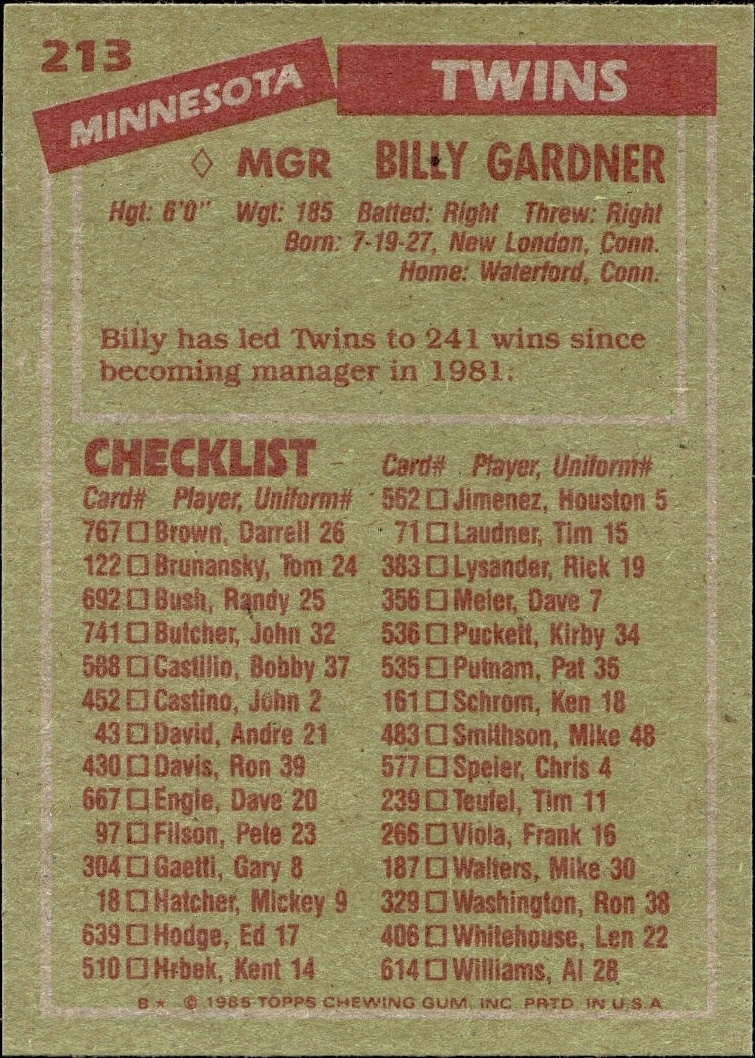 1985 Topps Billy Gardner #213 baseball trading card back