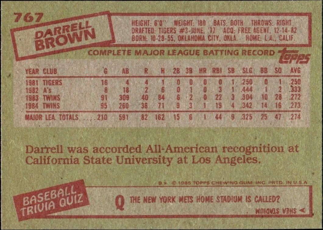 1985 Topps Darrell Brown #767 baseball trading card back