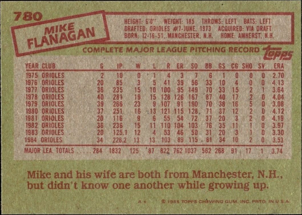 1985 Topps Mike Flanagan #780 baseball trading card back