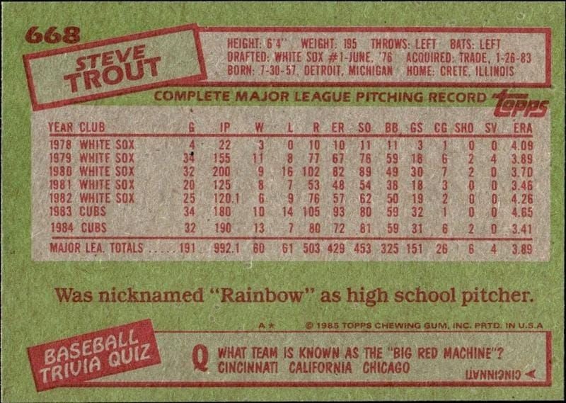 1985 Topps Steve Trout #668 baseball trading card back