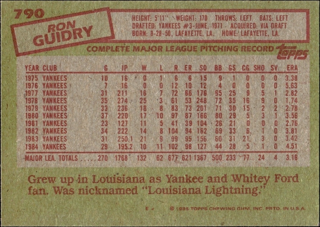 1985 Topps Ron Guidry #790 baseball trading card back
