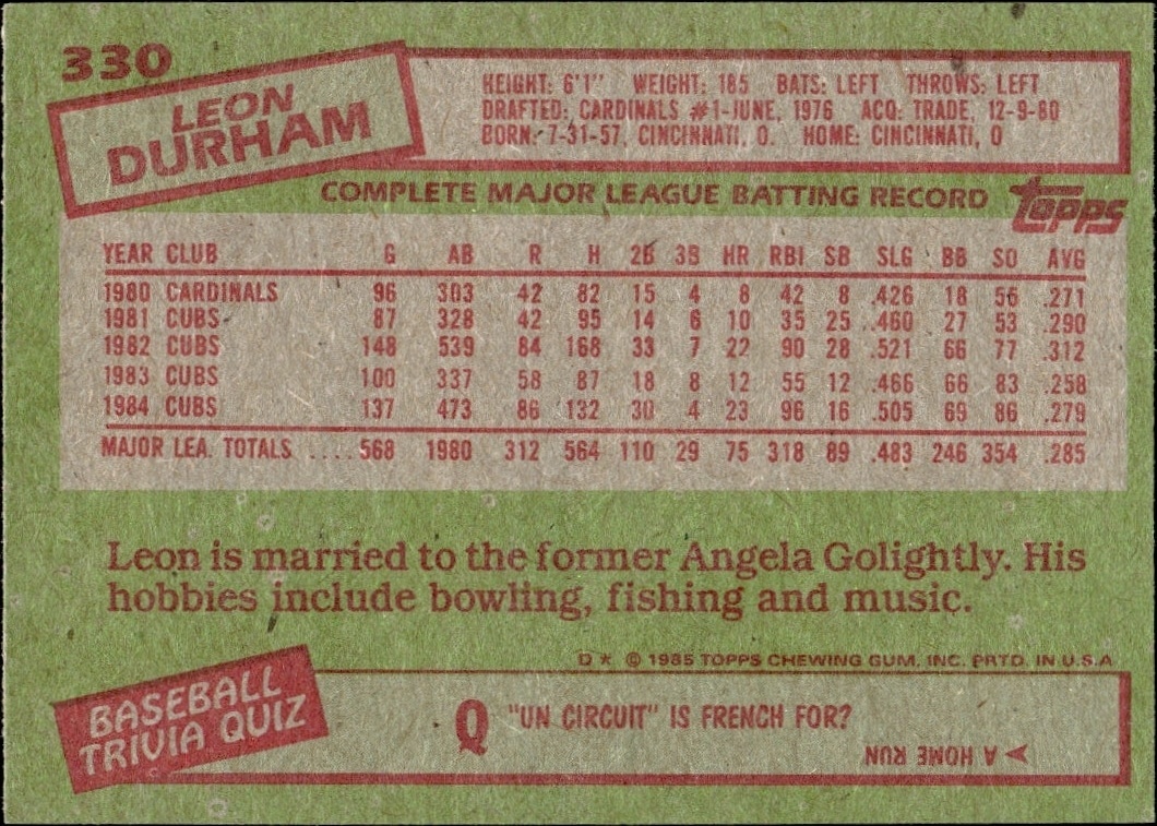1985 Topps Leon Durham #330 baseball trading card back