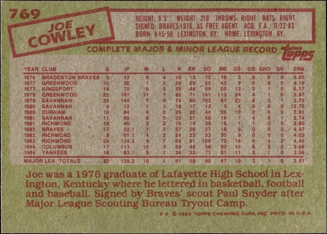1985 Topps Joe Cowley #769 baseball trading card back