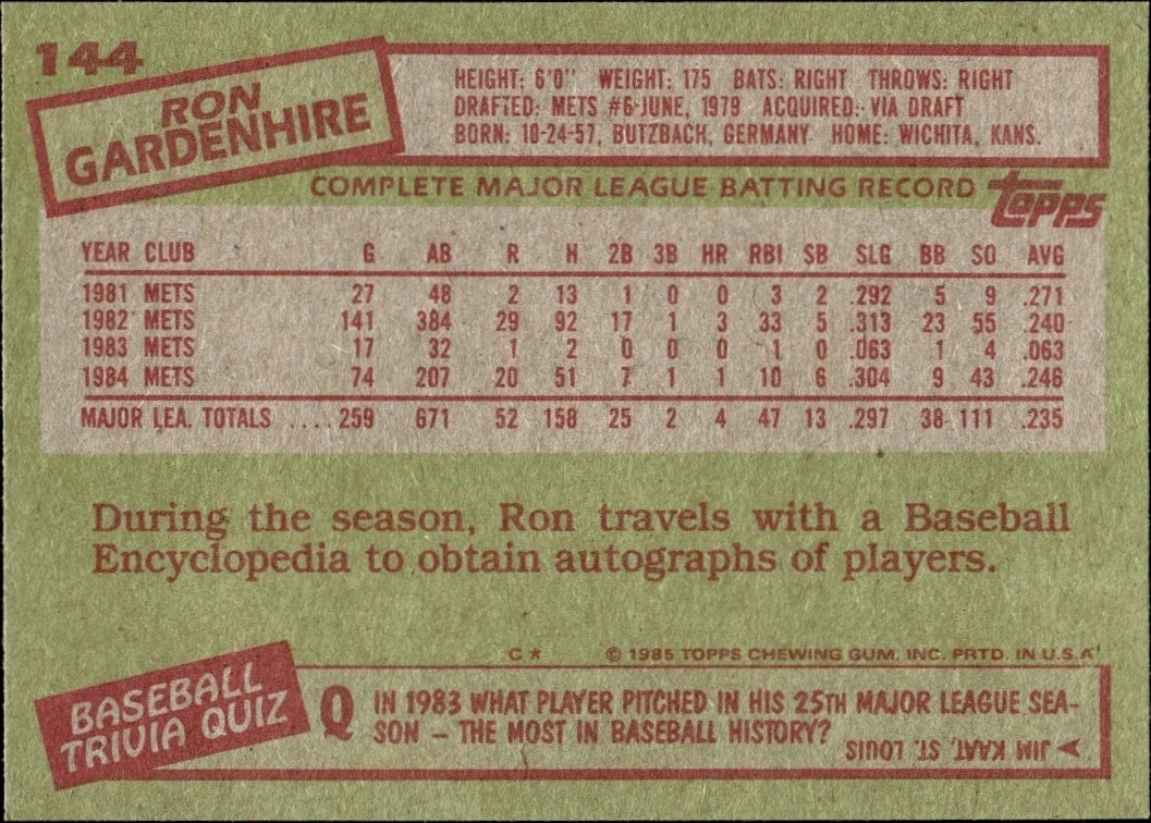 1985 Topps Ron Gardenhire #144 baseball trading card back
