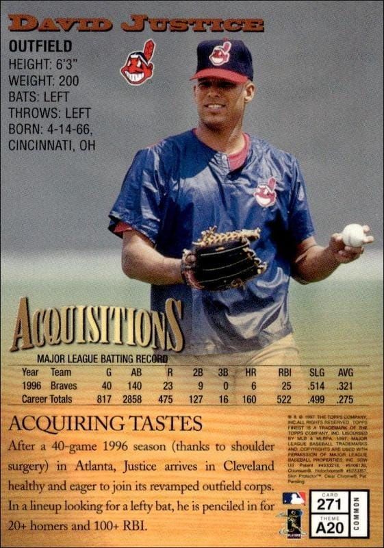 1997 Topps Finest David Justice #271 baseball trading card back