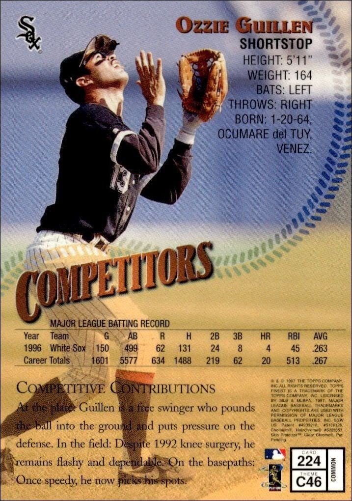 1997 Topps Finest Ozzie Guillen #224 baseball trading card back