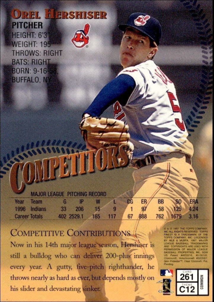 1997 Topps Finest Orel Hershiser #261 baseball trading card back