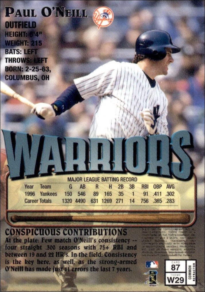 1997 Topps Finest Paul O'Neill #87 baseball trading card back