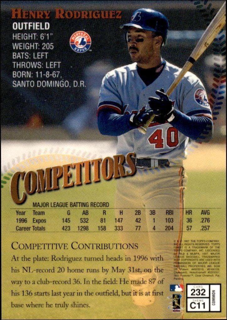 1997 Topps Finest Henry Rodriguez #232 baseball trading card back