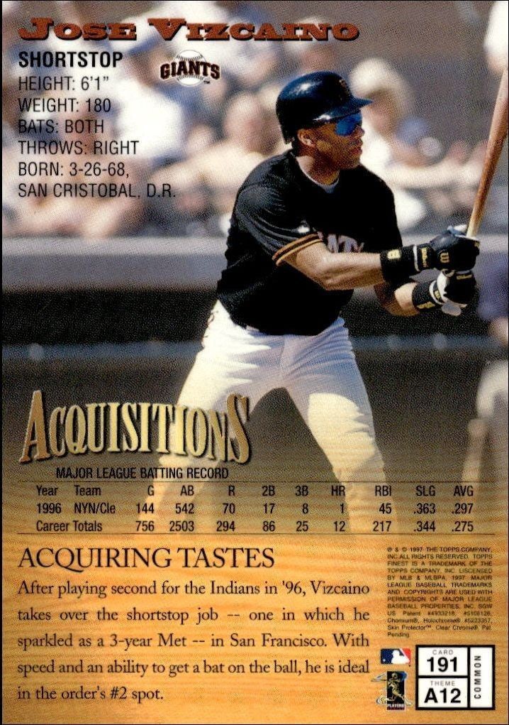 1997 Topps Finest Jose Vizcaino #191 baseball trading card back