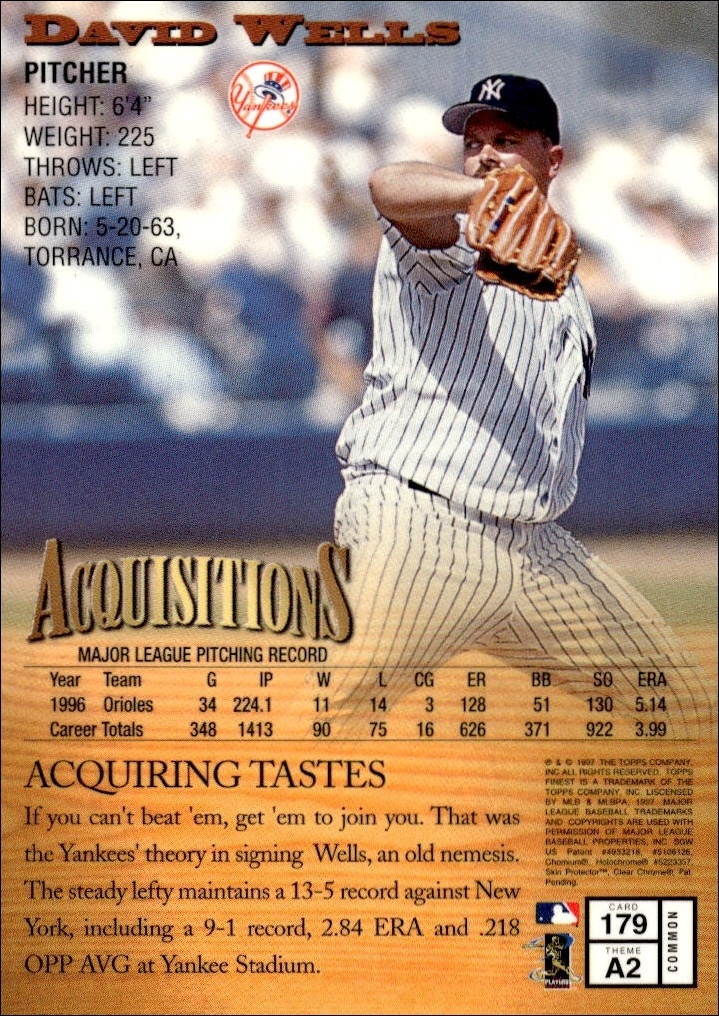 1997 Topps Finest David Wells #179 baseball trading card back