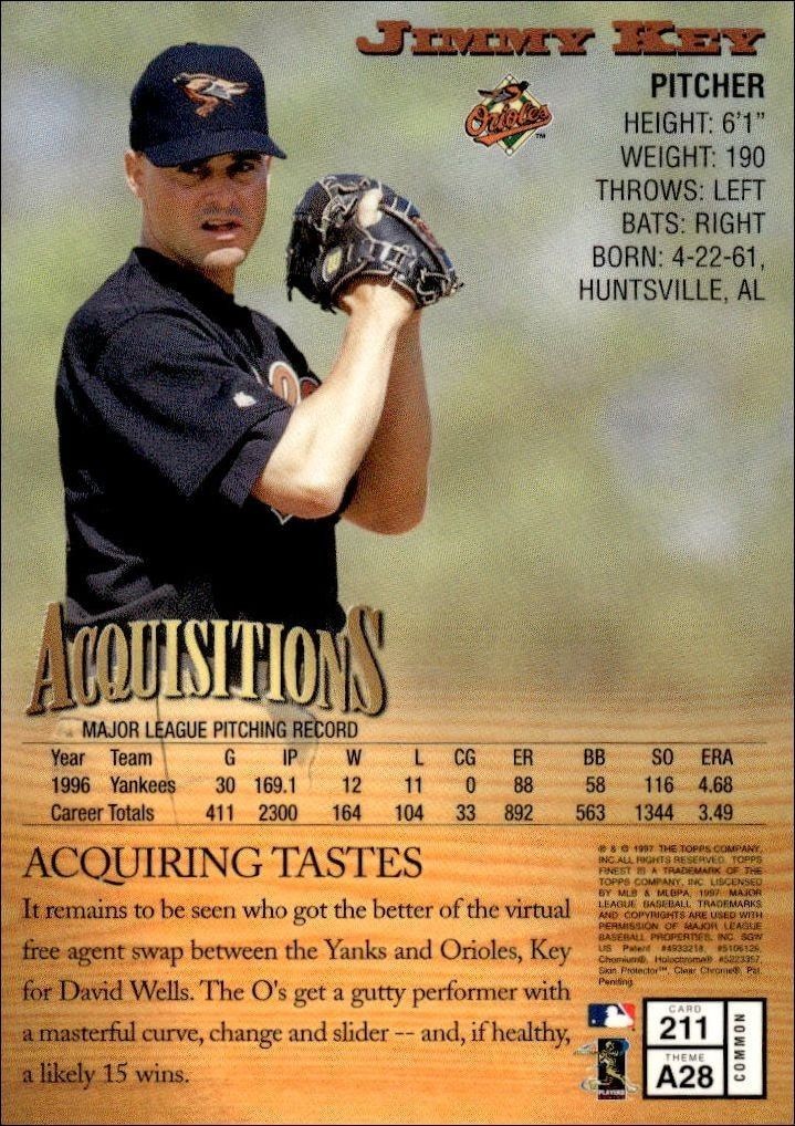 1997 Topps Finest Jimmy Key #211 baseball trading card back