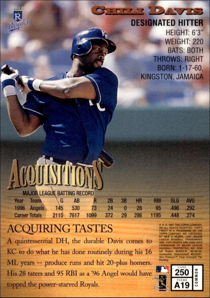 1997 Topps Finest Chili Davis #250 baseball trading card back