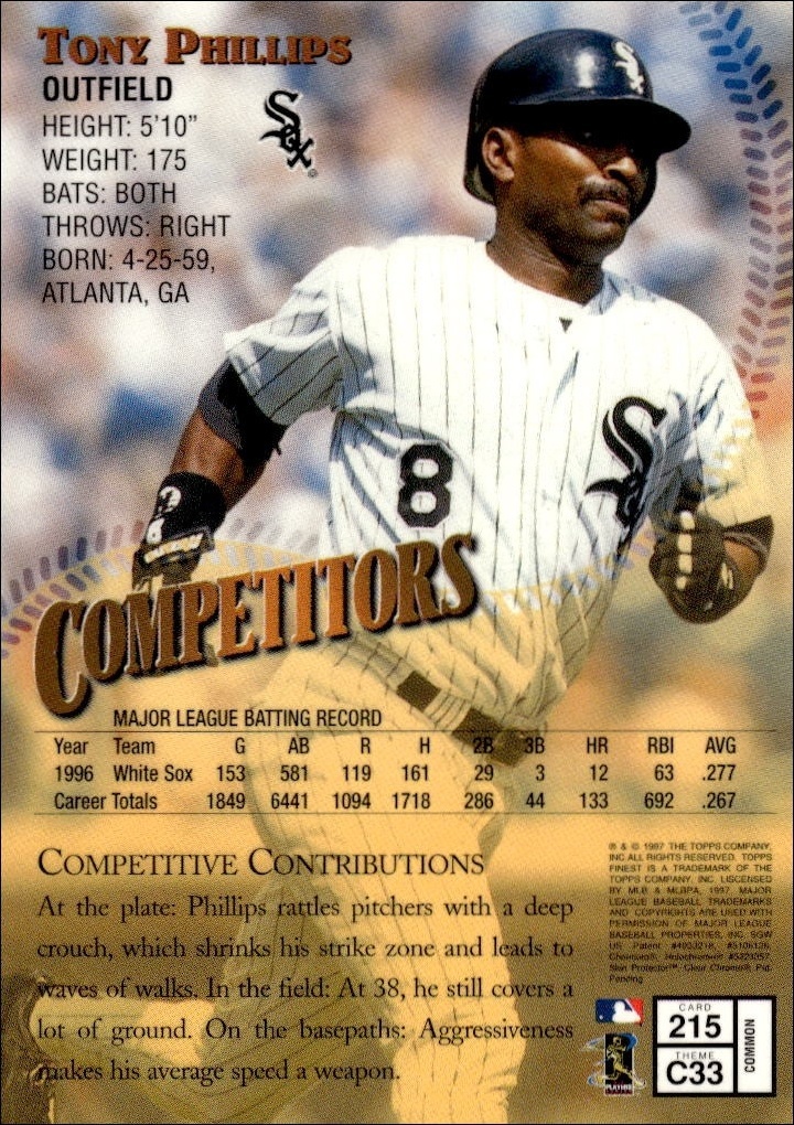 1997 Topps Finest Tony Phillips #215 baseball trading card back