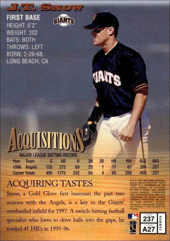 1997 Topps Finest J.T. Snow #237 baseball trading card back