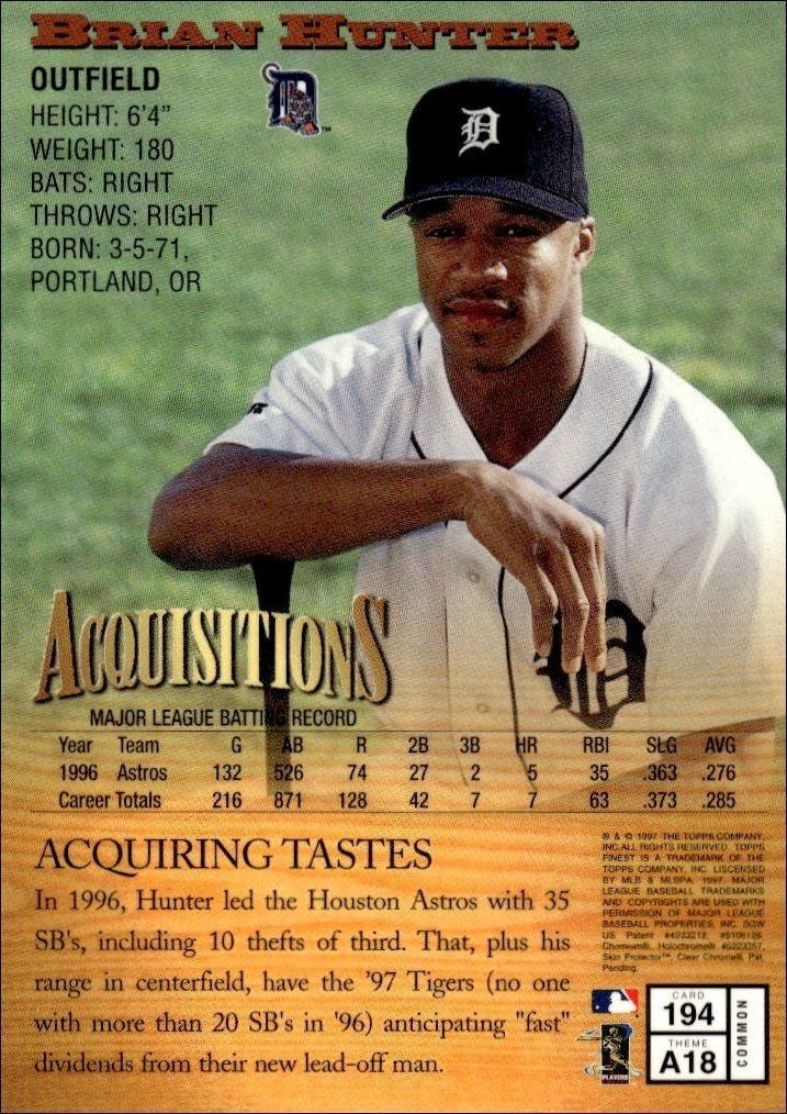 1997 Topps Finest Brian Hunter #194 baseball trading card back