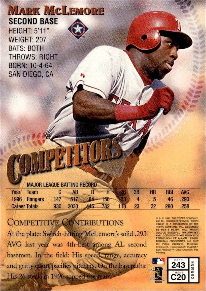 1997 Topps Finest Mark McLemore #243 baseball trading card back