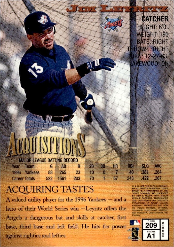 1997 Topps Finest Jim Leyritz #209 baseball trading card back