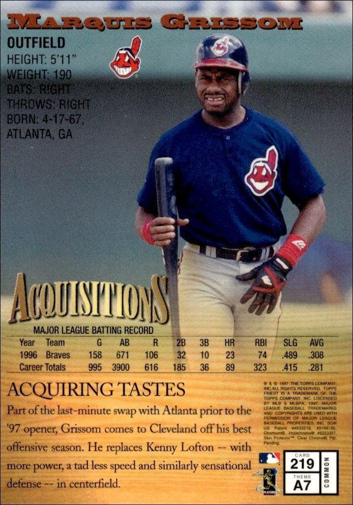 1997 Topps Finest Marquis Grissom #219 baseball trading card back