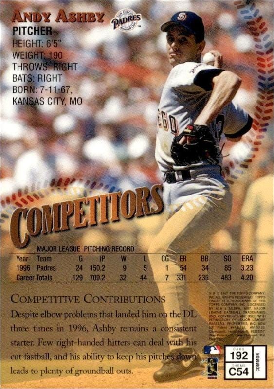 1997 Topps Finest Andy Ashby #192 baseball trading card back