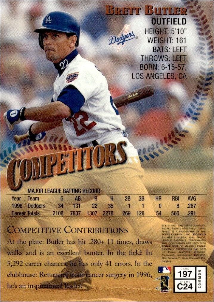 1997 Topps Finest Brett Butler #197 baseball trading card back