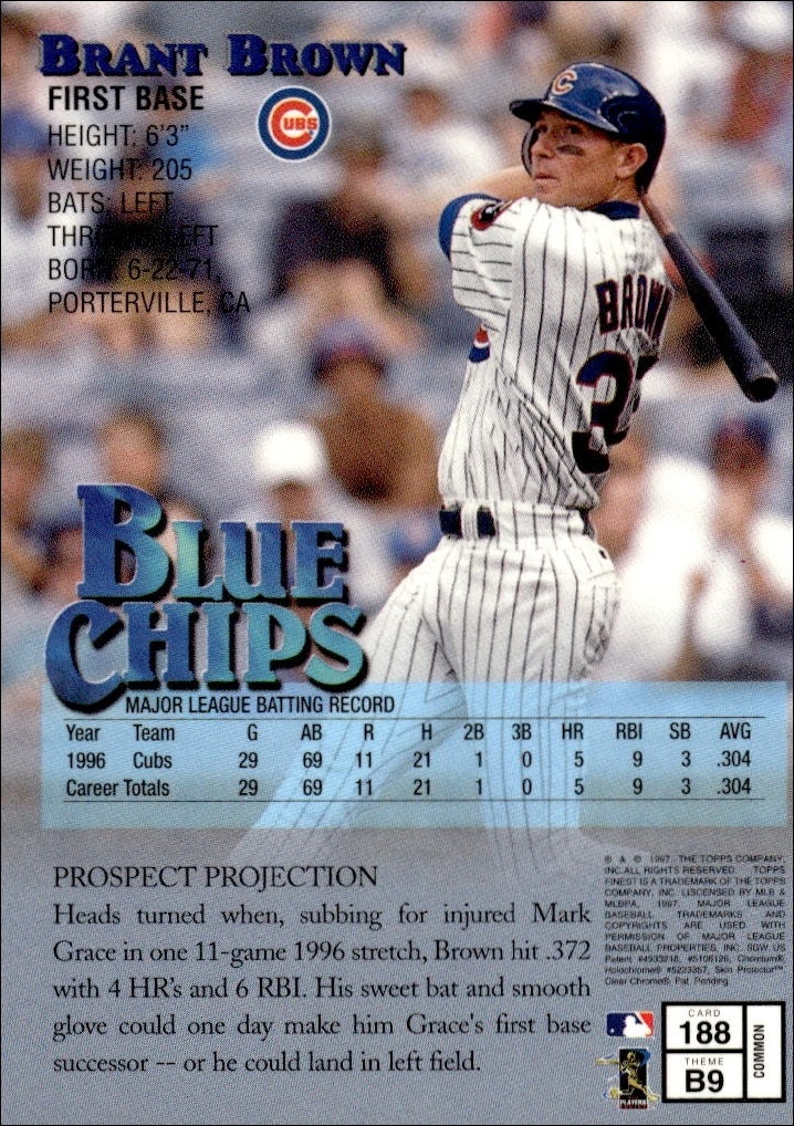 1997 Topps Finest Brant Brown #188 baseball trading card back