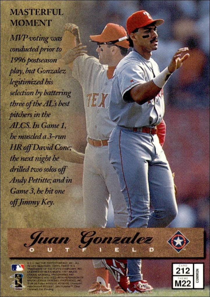 1997 Topps Finest Juan Gonzalez #212 baseball trading card back