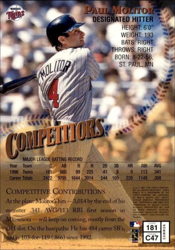 1997 Topps Finest Paul Molitor #181 baseball trading card back