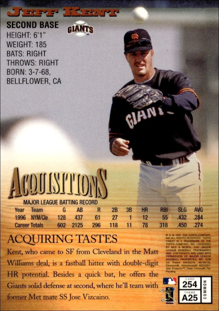 1997 Topps Finest Jeff Kent #254 baseball trading card back